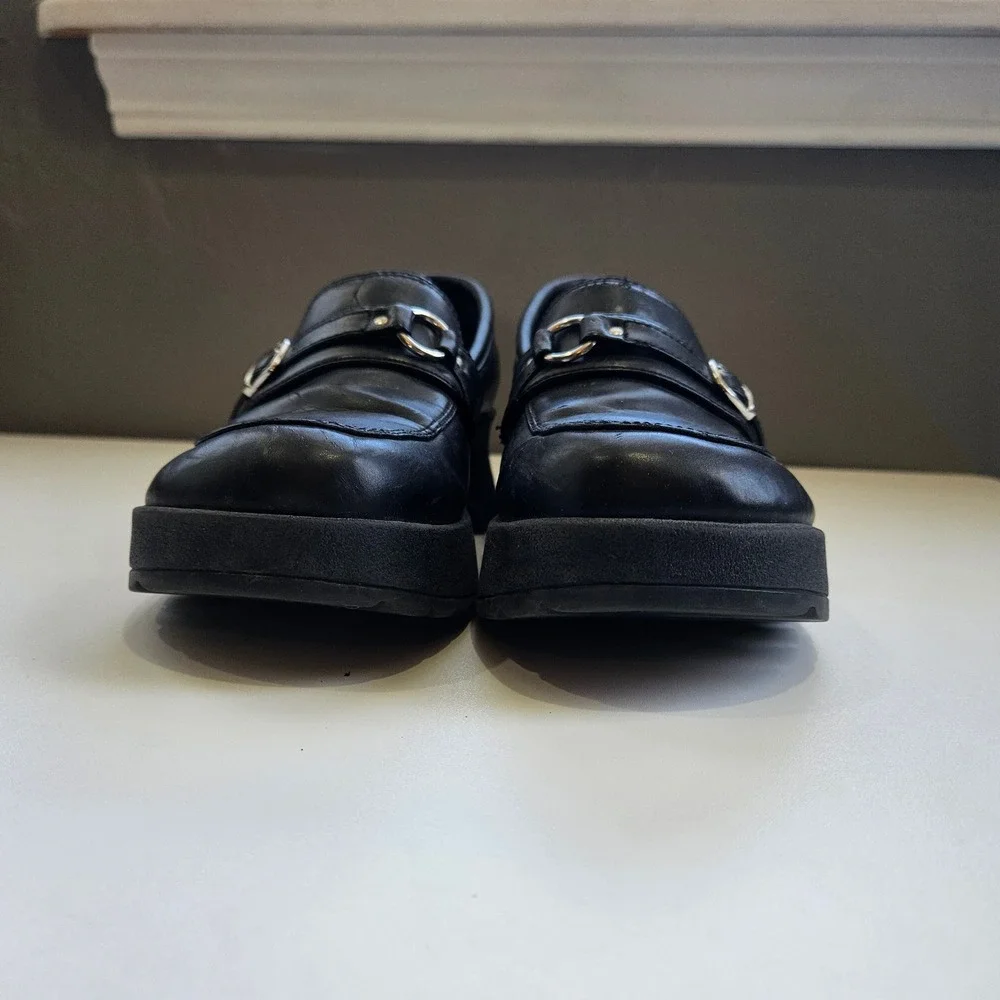 Vintage LEI 90s Y2K Black Chunky Platform Loafers Buckle Shoes Womens Size 6M